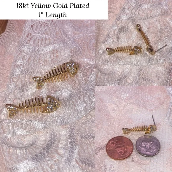 18kt Gold Fish Bone Dangly Earrings - Picture 6 of 6